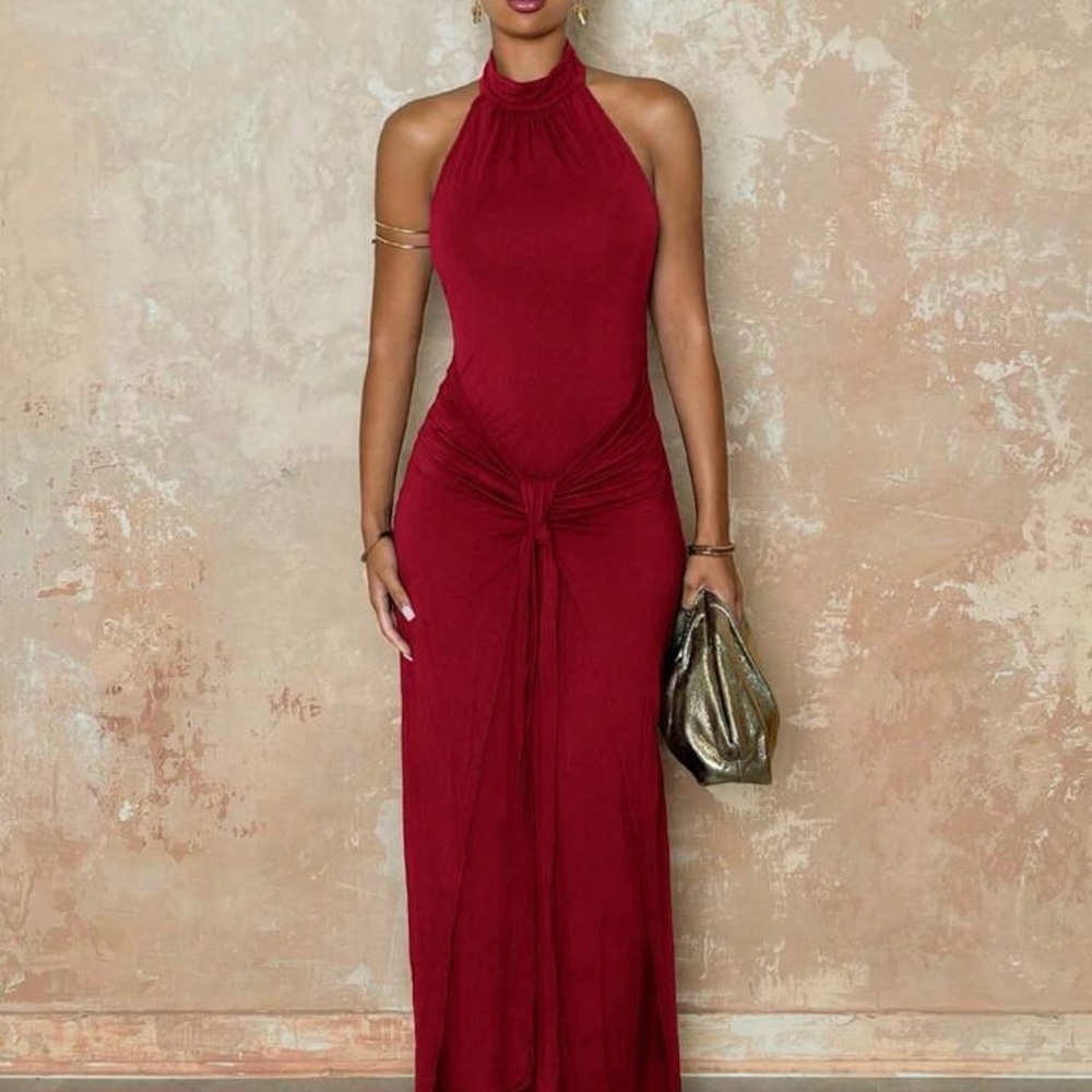 SHEIN Burgundy Halter Knot-Front Maxi Dress